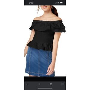 Planet gold juniors off the shoulder, black 100% cotton smocked‎ top